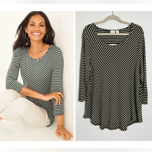 Chico's Forever Striped Tee Olive Green Stretch Back Cutout Tunic Essential Tee - Picture 1 of 15